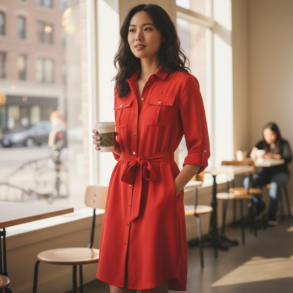 Ralph Lauren Deep Orange/Red Button Down Belted Long Sleeve Dress  Sz: 10